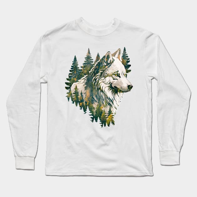 White Wolf and Pine Forest Long Sleeve T-Shirt by bobyberto